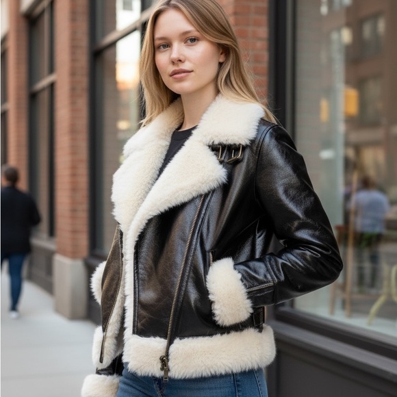 Michael Kors Black Faux Fur Shearing-Trim Patent Aviator Jacket Women’s S - Picture 1 of 9